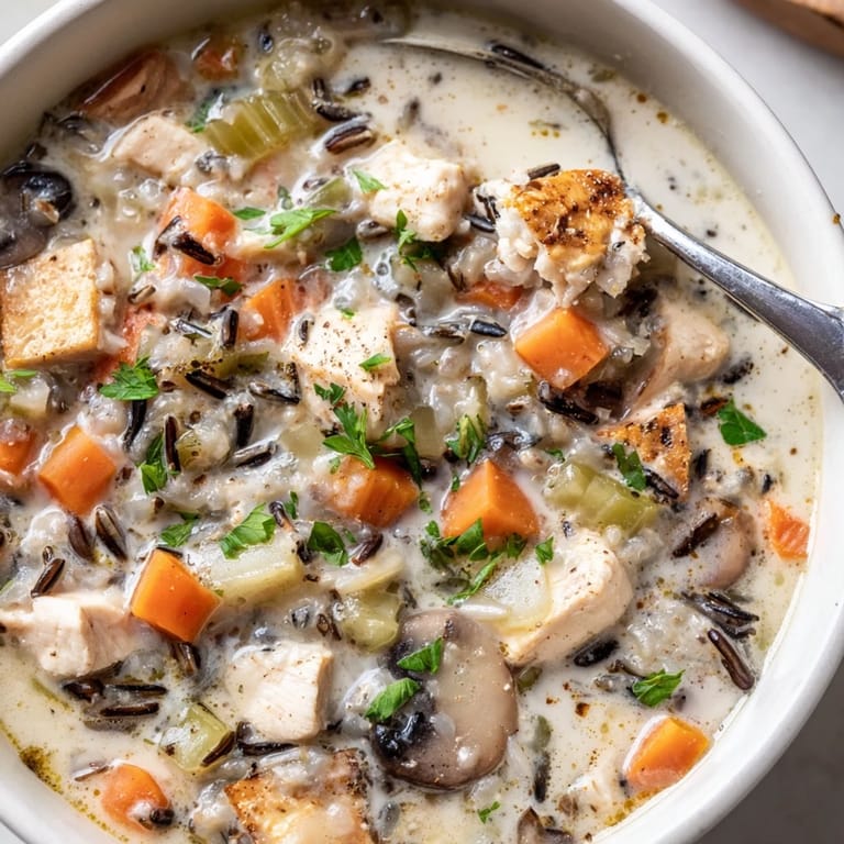 A close-up view of hearty Parmesan Mushroom Chicken and Wild Rice Soup, featuring tender chicken pieces and earthy mushrooms in a rich, savory broth.  