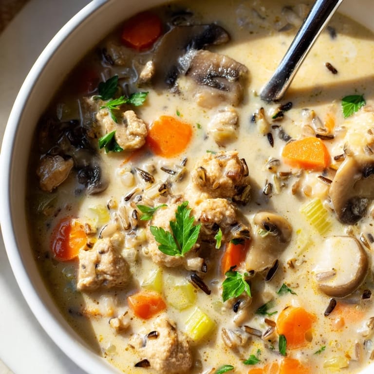 Spoon dipping into a warm bowl of homemade Parmesan Mushroom Chicken and Wild Rice Soup, paired with crusty bread on a wooden table.