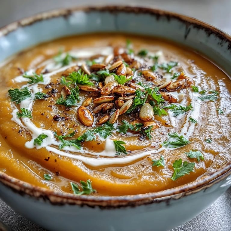 A warm bowl of Roasted Broccoli and Butternut Squash Soup featuring golden roasted vegetables and a drizzle of cream.