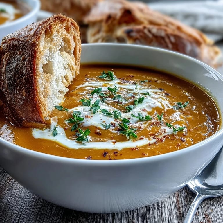 Butternut Squash and Apple Soup being blended into a creamy, velvety texture in a large pot.