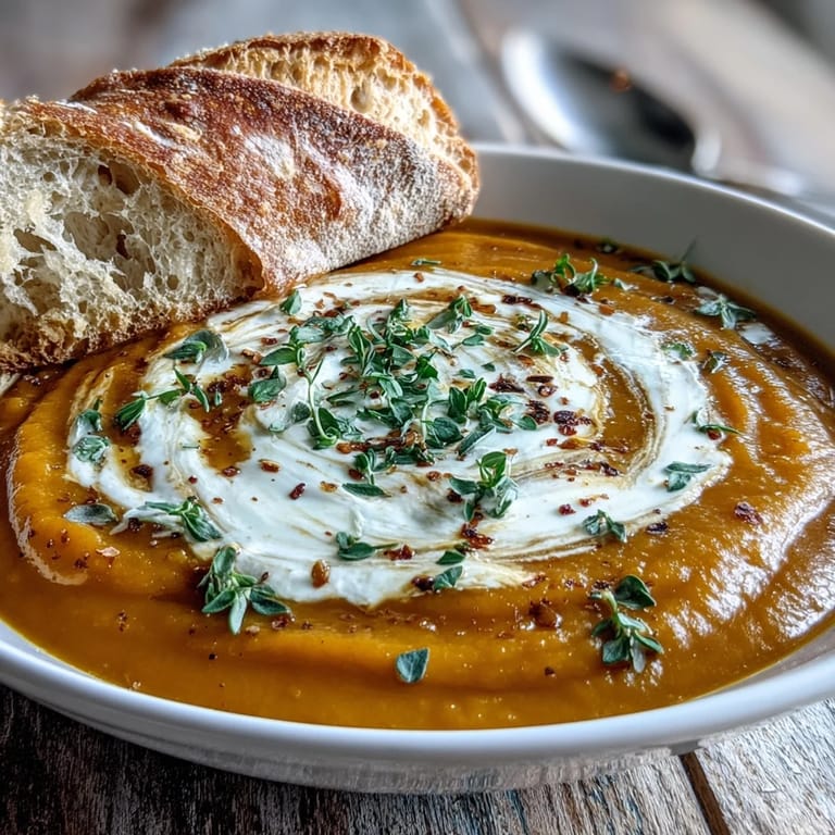 Smooth Butternut Squash and Apple Soup served with crusty bread and fresh thyme sprigs.