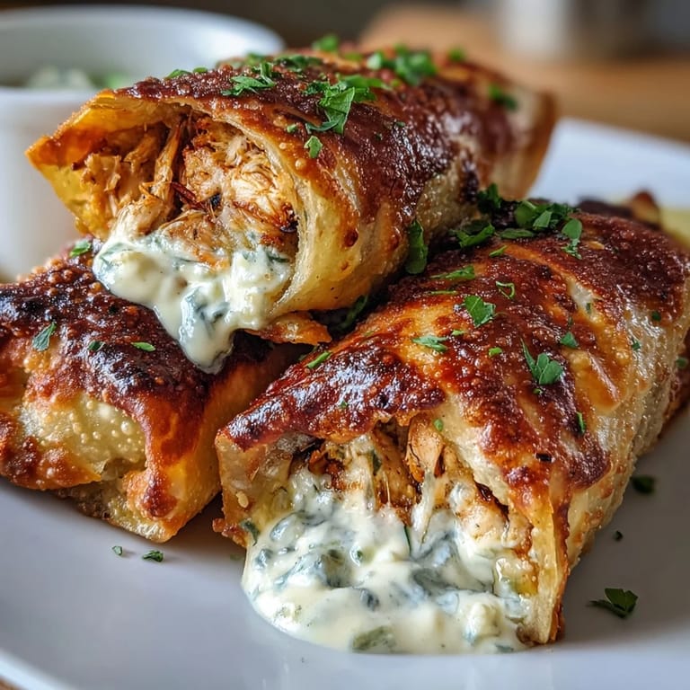 A close-up of Mini Chicken Chimis shows flaky, golden baked wrappers, cut open to display the shredded chicken and spicy cream cheese filling.