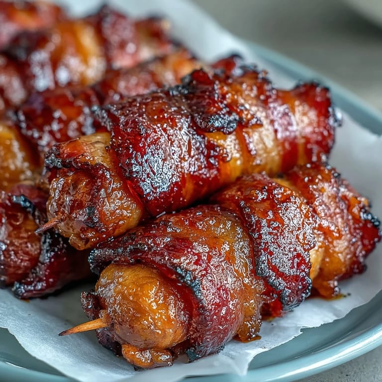 Golden-baked bacon-wrapped smokies glistening with sweet glaze, served on a wooden board.