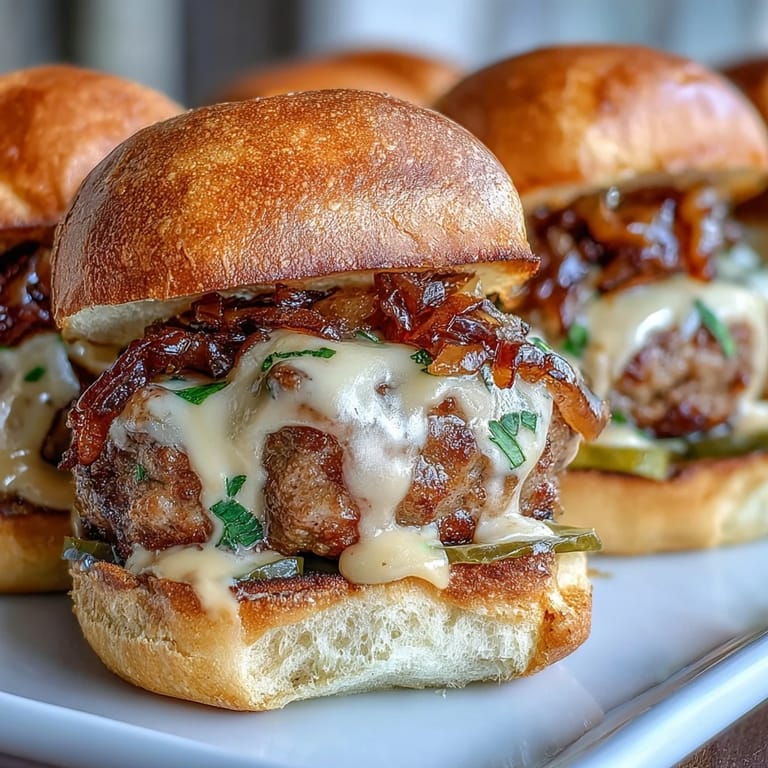 Freshly baked Touchdown Brat Sliders with melted cheddar beer cheese and crisp pickles on a platter.