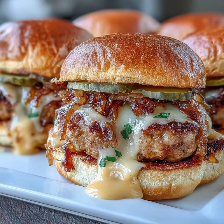 Close-up of a savory Touchdown Brat Slider, featuring juicy bratwurst patties and rich beer cheese sauce.