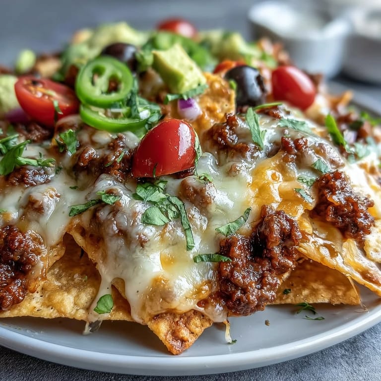 This platter of Baked Nachos offers a crispy base, savory beef, and gooey cheese, ready for a dollop of sour cream.