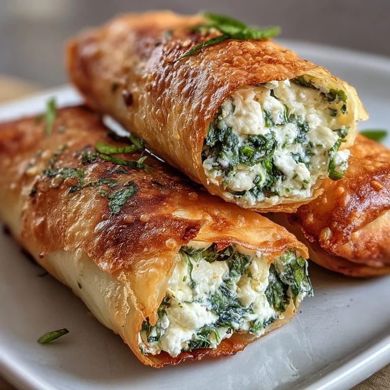 Close-up on a golden, crispy Spanakopita Spring Roll showing its spinach and feta filling, ready to eat.
