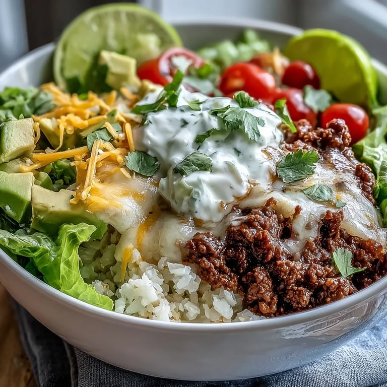 A freshly prepared Low Carb Burrito Bowl with sautéed cauliflower rice, seasoned beef, and fresh cilantro garnish, ready to eat.