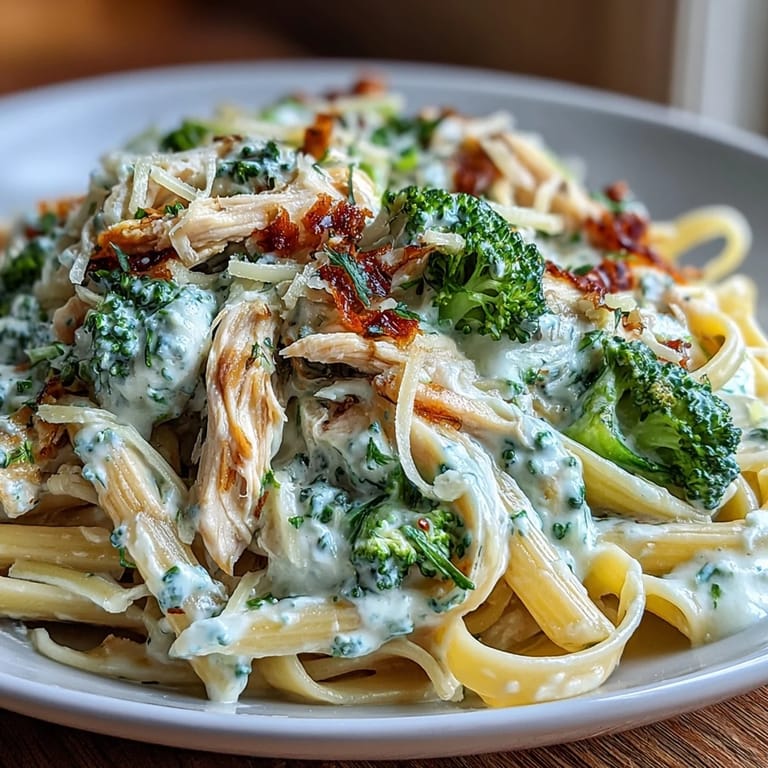 A close-up of High Protein Rotisserie Chicken Broccoli Pasta featuring bright broccoli and juicy chicken in a silky yogurt sauce.