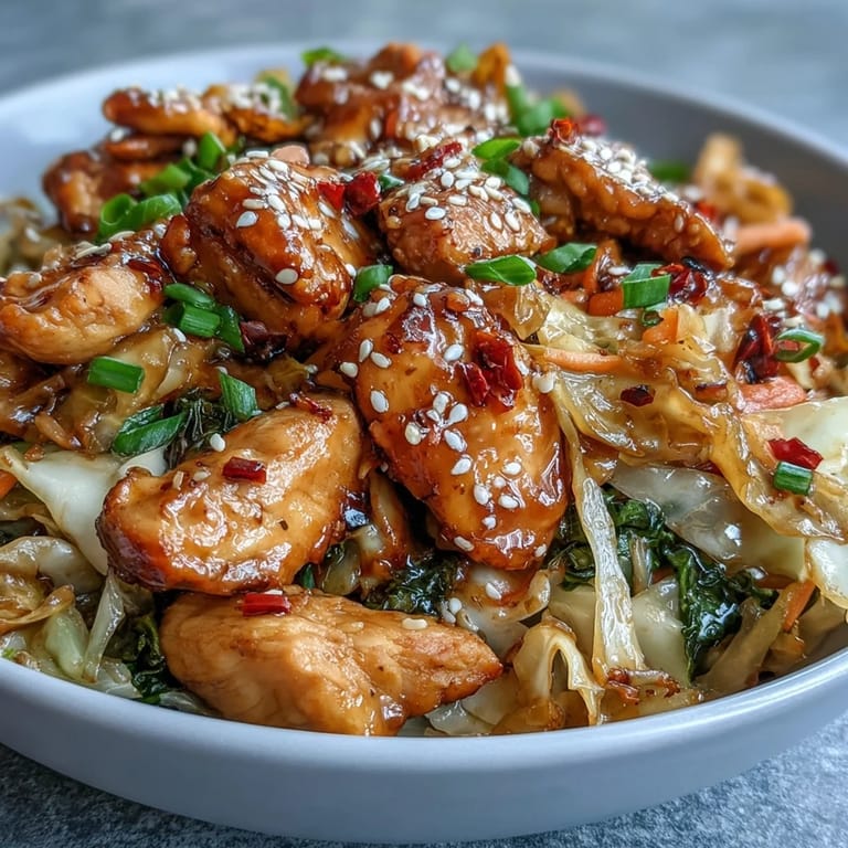 Sizzling ground chicken with garlic and ginger gets tossed with crisp cabbage and shredded carrots for a low-carb dinner. 