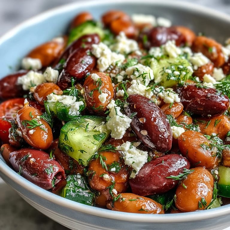 A close-up of Greek Bean Salad with Lemon Marinated Beans showcasing juicy tomatoes, cucumber, and briny Kalamata olives.