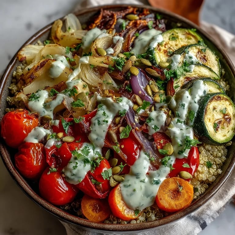 Sheet pan roasted vegetable quinoa bowl with caramelized zucchini and cherry tomatoes, ready for a wholesome lunch.