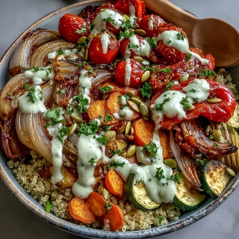Gluten-free vegan roasted vegetable quinoa bowl with smoky paprika veggies and a drizzle of zesty tahini sauce.