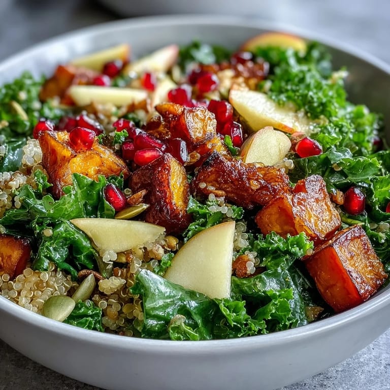 Kale Harvest Grain Bowl topped with crisp apples, crunchy pepitas, and golden roasted vegetables
