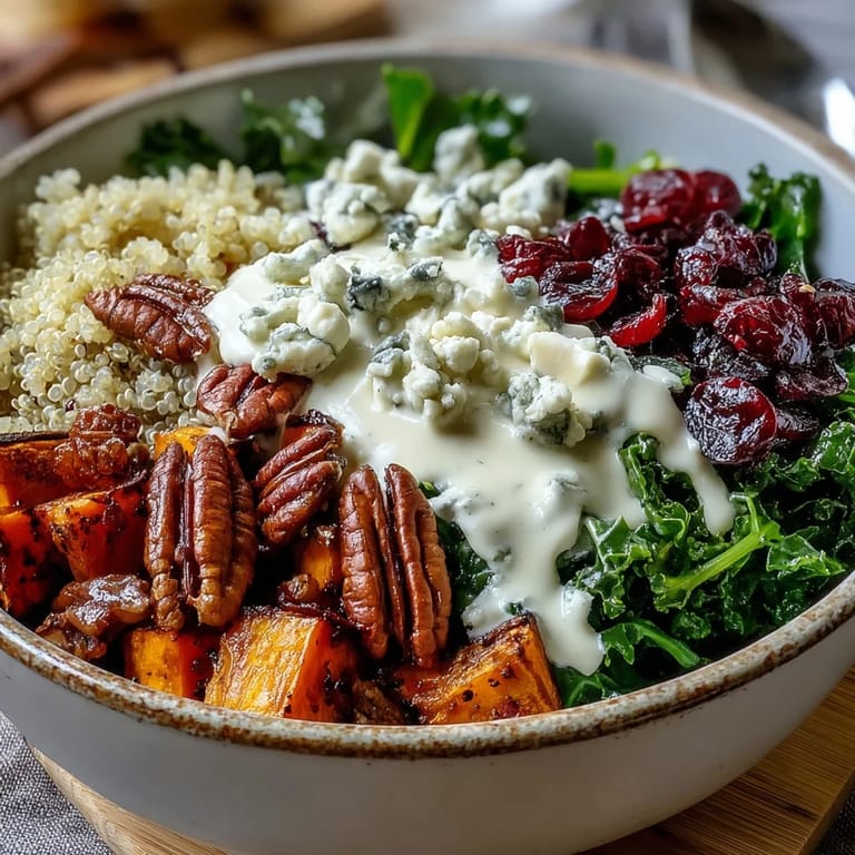 The Harvest Kale Quinoa Bowl features crispy kale, sweet cranberries, crunchy pecans, and tangy blue cheese crumbles.