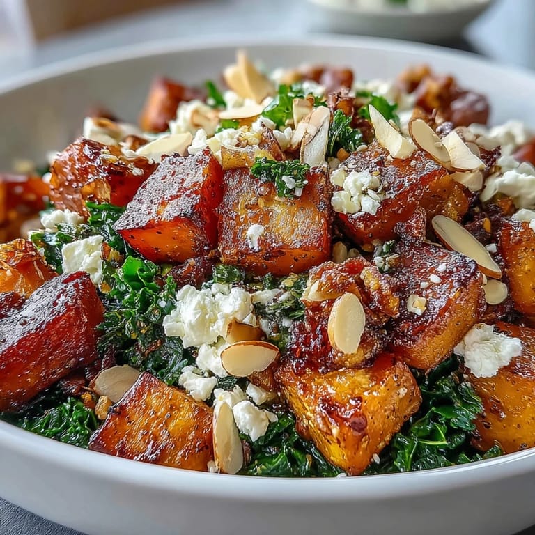 Close-up of the Fall Sweet Potato Harvest Bowl showcasing roasted chicken, crisp apples, creamy goat cheese, and crunchy almonds.