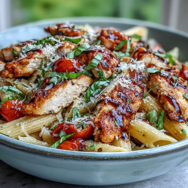 Family-style Bruschetta Chicken Pasta bowls showcase tender chicken, al dente noodles, and a vibrant tomato sauce with Parmesan garnish.
