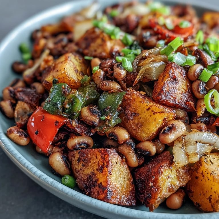 Colorful Southern American vegetarian hash featuring crispy potatoes and black-eyed peas topped with fresh green onions.