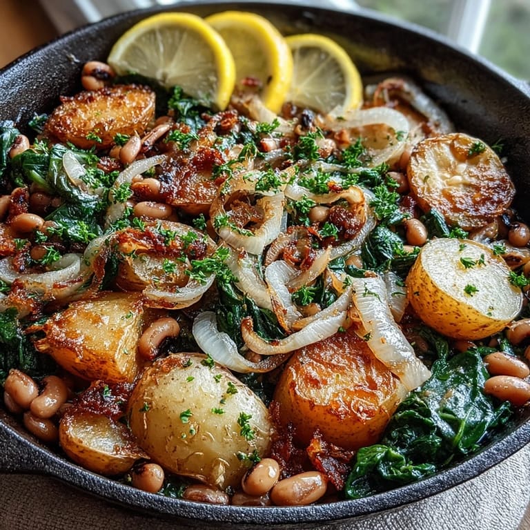 A steaming serving of Black-Eyed Peas Skillet Dinner featuring tender potatoes and fresh parsley.