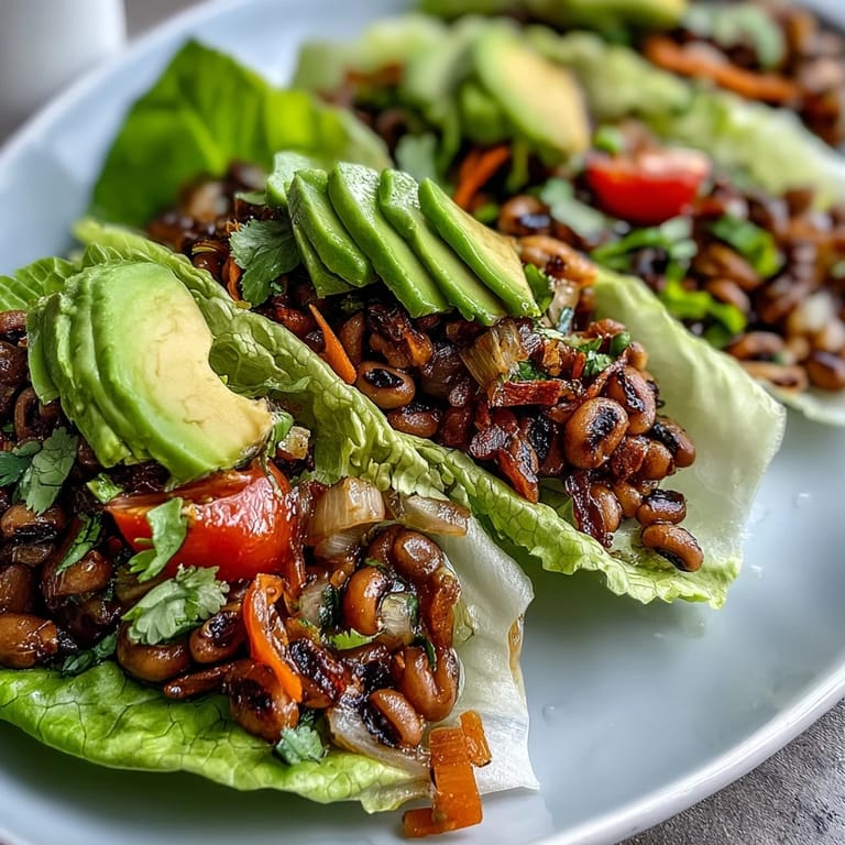Savory Black-Eyed Pea Lettuce Wraps served warm with colorful diced bell peppers and a dash of hot sauce.