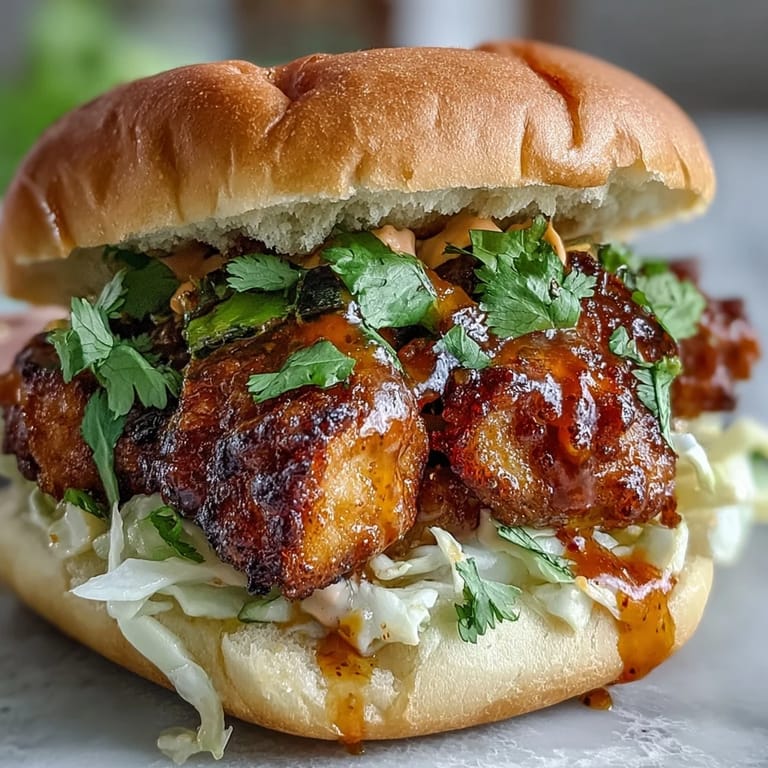 Thai Fried Chicken Sandwich layered with shredded cabbage, pickled carrots, and a drizzle of zesty sriracha mayo. 