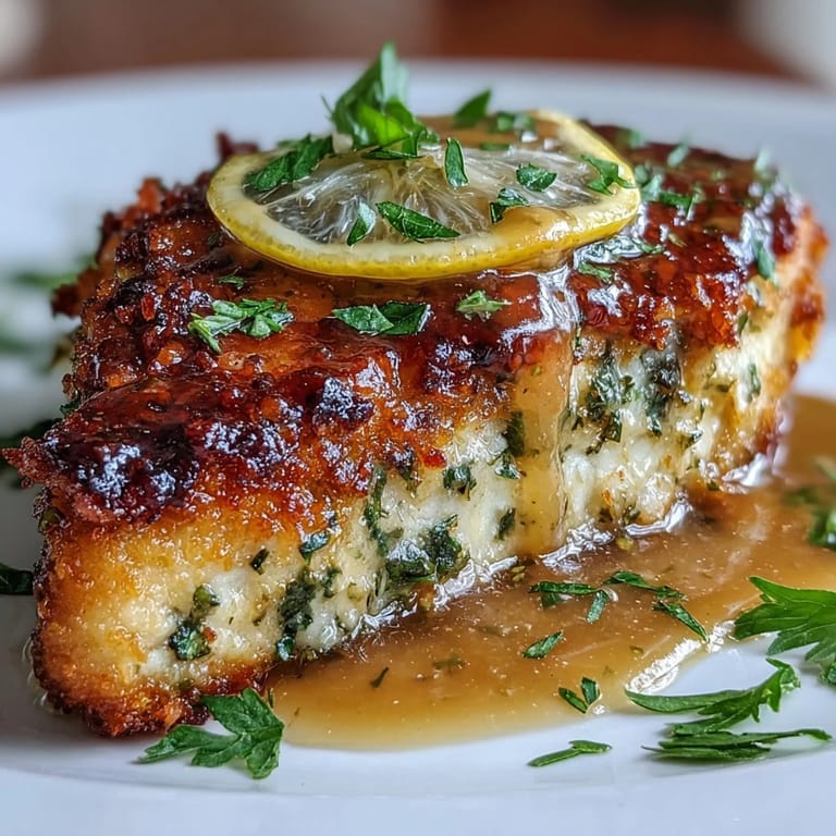 A close-up shows crispy, golden chicken topped with silky lemon butter sauce and fresh lemon slices, plated alongside angel hair pasta for dinner.