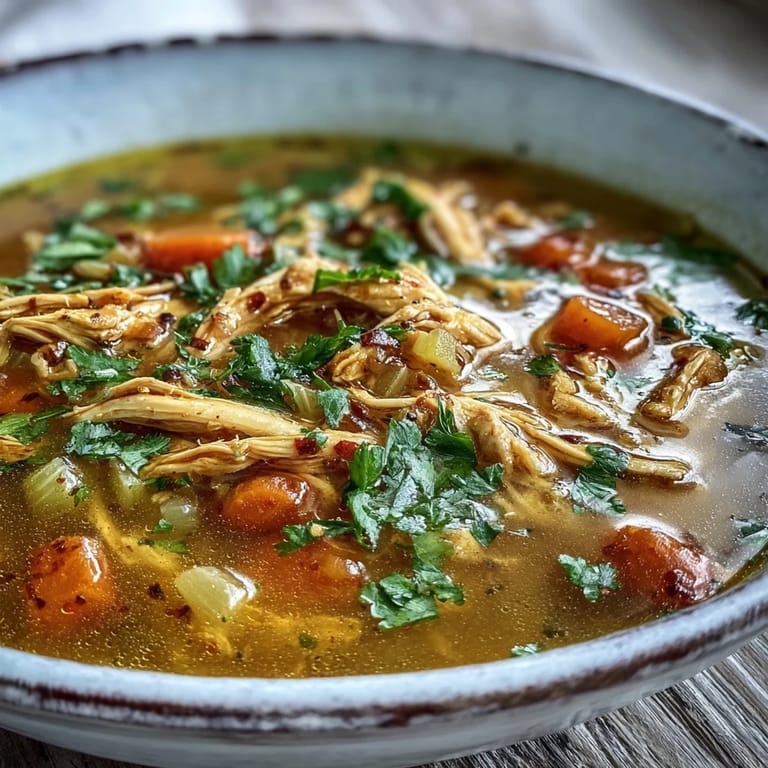 Close-up of Anti-Inflammatory Turmeric Chicken Soup in a rustic bowl, featuring vibrant carrots, celery, and a swirl of creamy coconut milk.