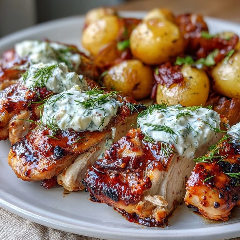 Tender spicy yogurt marinated chicken garnished with fresh dill, resting beside crispy baby potatoes and a generous dollop of white feta cream sauce.