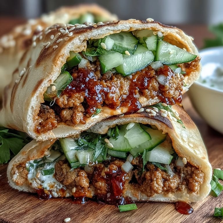 Warm Korean Turkey Stuffed Naan Pockets resting on a rustic wooden board, garnished with fresh cilantro and sesame seeds for a quick meal.