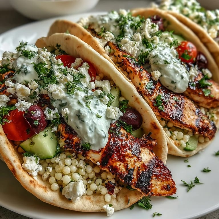 Freshly prepared Greek Chicken Feta Stuffed Pitas filled with lemony couscous, diced vegetables, and crumbled feta cheese.