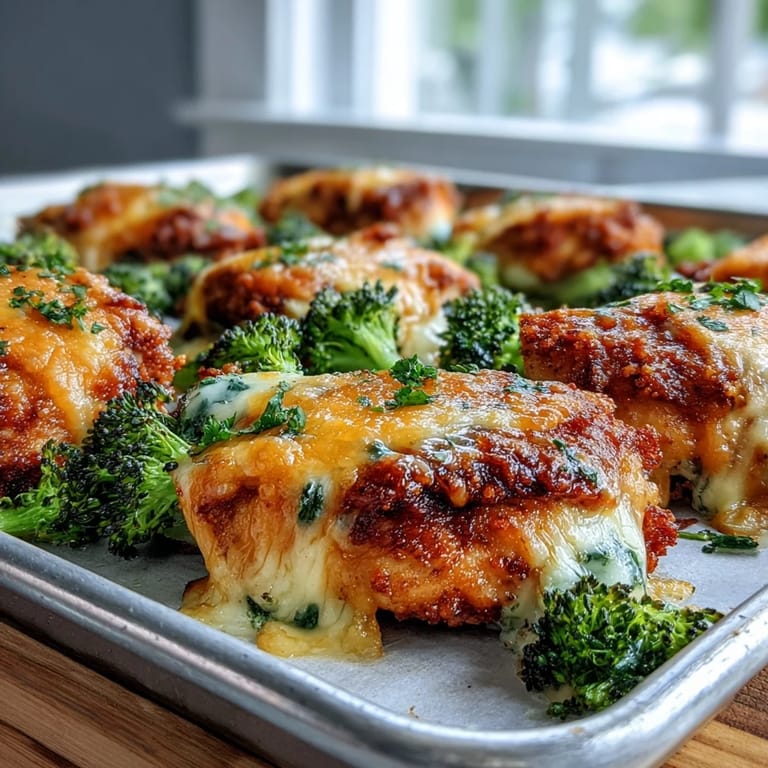 Sheet pan ranch chicken and broccoli with golden melted cheddar, garnished with fresh parsley for a weeknight meal.