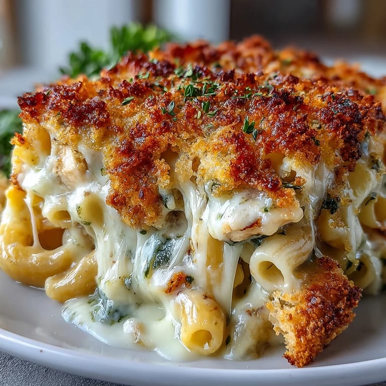 A close up of Baked Pesto Chicken Mac & Cheese featuring tender marinated chicken pieces and creamy cheddar sauce in pasta.