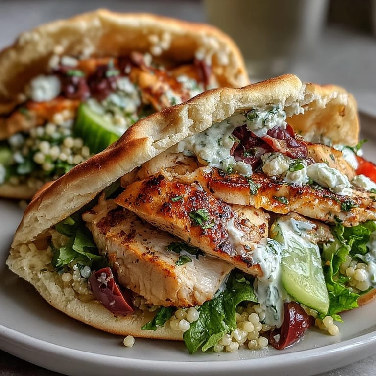 Savory Greek Chicken Feta Stuffed Pitas filled with creamy tzatziki, crisp vegetables, and pearl couscous, ready to eat.