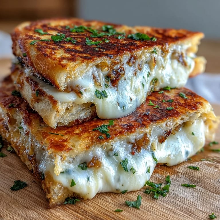 Half-sliced Butter Garlic Naan Grilled Cheese showing gooey cheese pull, served with optional cilantro garnish.