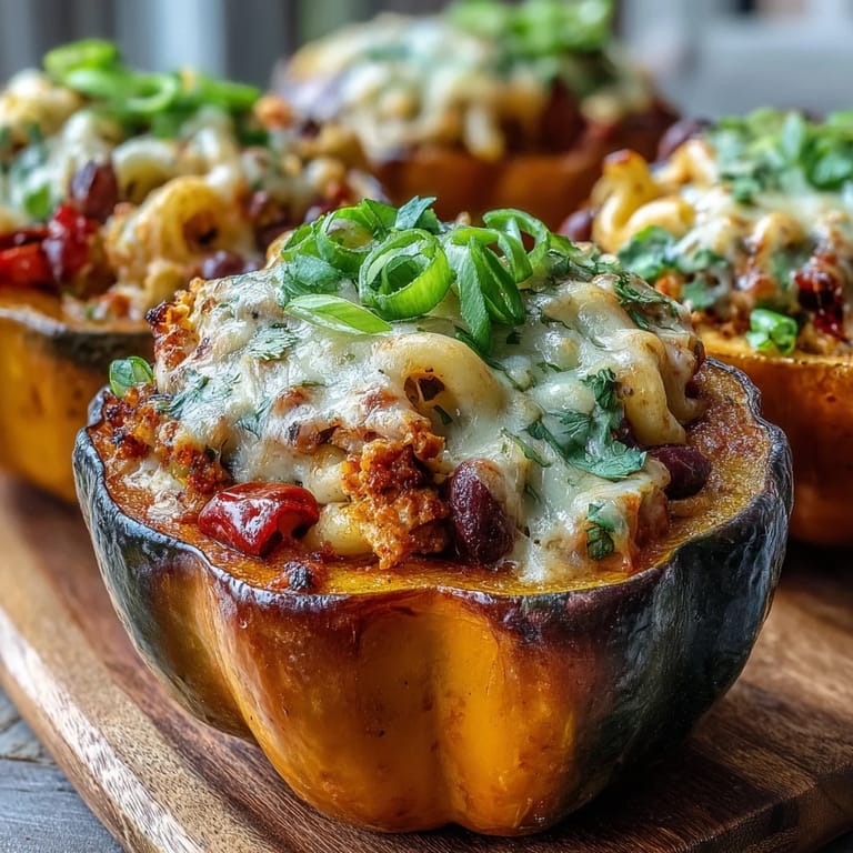 Spoonful of cheesy chili mac and a drizzle of hot honey glaze over a golden roasted Hot Honey Chili Mac Stuffed Squash.