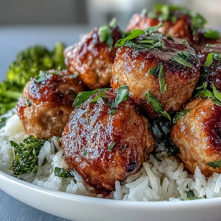 Spoon tender Honey Garlic Turkey Meatballs over jasmine rice and broccoli, drizzled with extra glaze.