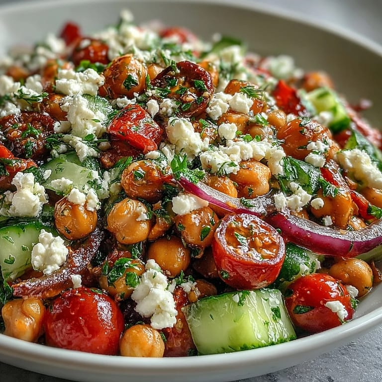 Vibrant Mediterranean Chickpea Salad featuring crisp diced cucumber, red onion, and crumbled feta cheese on a white platter.