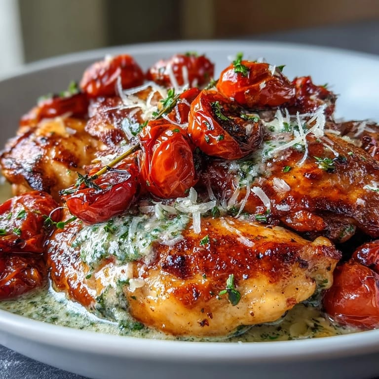 Tender chicken and vibrant roasted tomatoes smothered in a rich Parmesan pesto cream sauce, ready to serve.