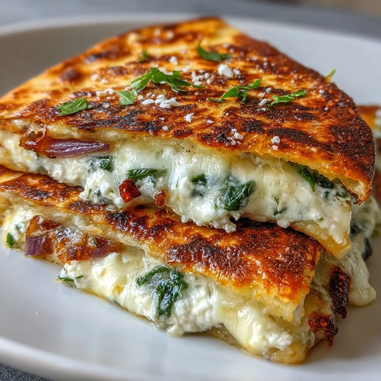 Golden brown quesadillas packed with feta, mozzarella, spinach, and red onion, ideal as an appetizer or light main course.