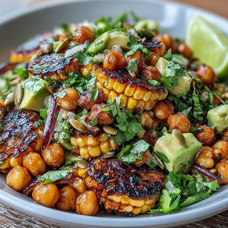 A colorful plant-based salad featuring roasted corn, chickpeas, and fresh cilantro, topped with creamy avocado and pepitas.  