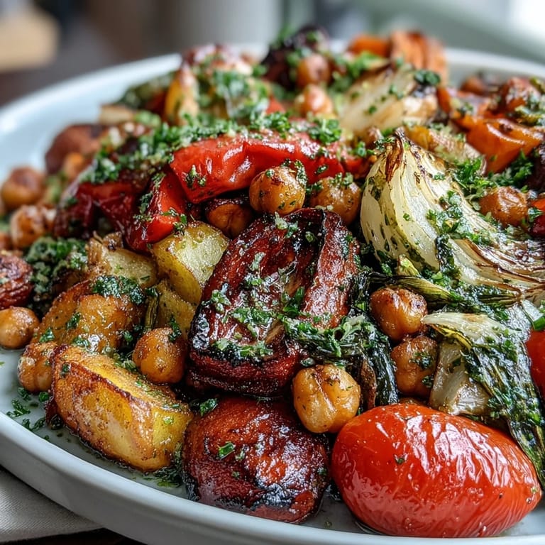 Golden-brown roasted vegetables and chickpeas tossed with lemon and garlic, served on a rustic platter for a healthy vegan side.  