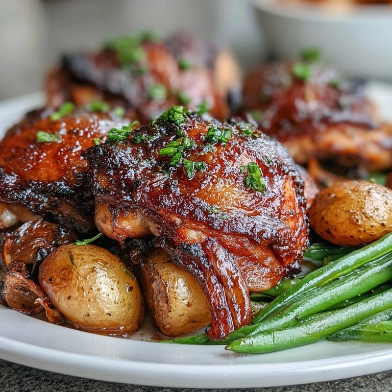 Golden brown honey garlic chicken with tender baby potatoes and crisp green beans, all cooked together for a flavorful, family-friendly meal.  