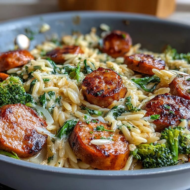 Easy one-pan meal with browned chicken sausage, orzo pasta, and bright broccoli, finished with a squeeze of lemon.