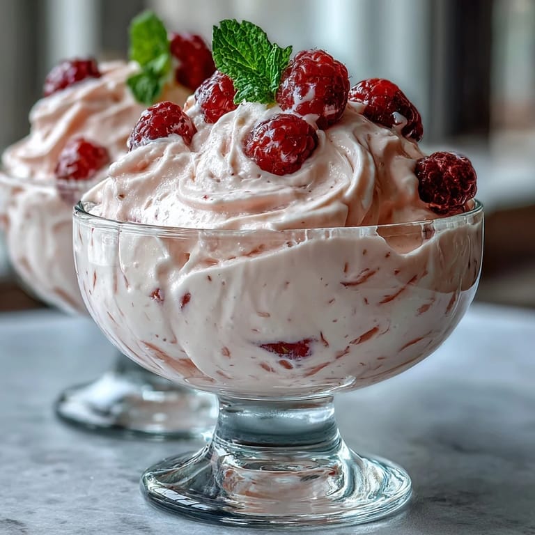 A creamy, pink cottage cheese raspberry mousse topped with fresh berries and mint leaves in elegant dessert glasses.