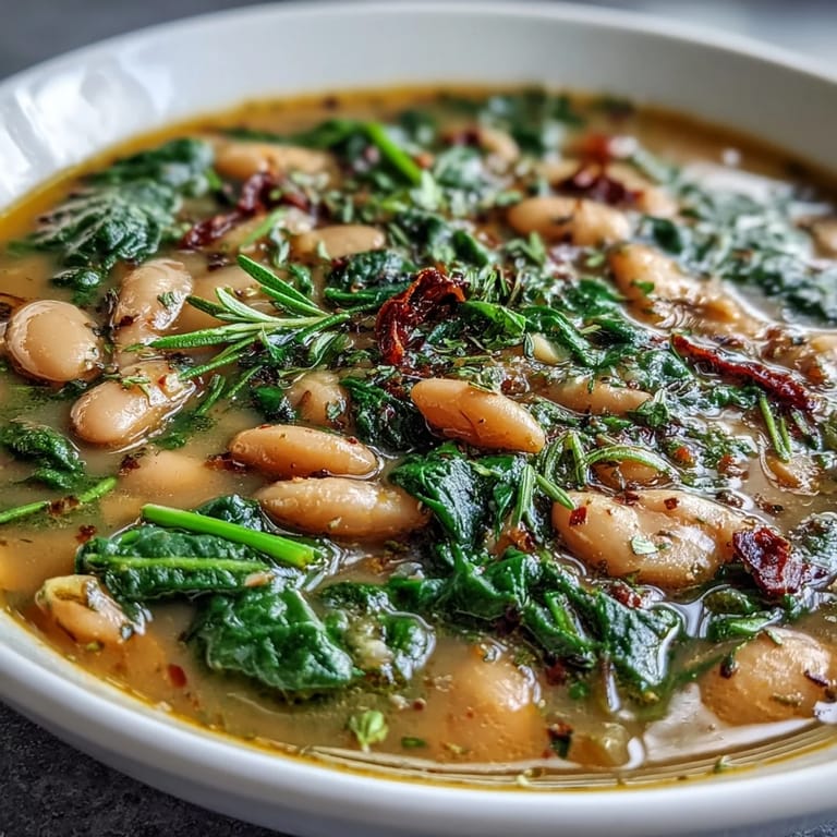 Creamy cannellini beans and vibrant spinach in a fragrant herb broth, perfect for a cozy vegan dinner.  