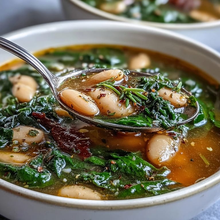 Rustic Italian white bean soup with tender vegetables, aromatic rosemary, and hearty greens in a savory vegan broth.