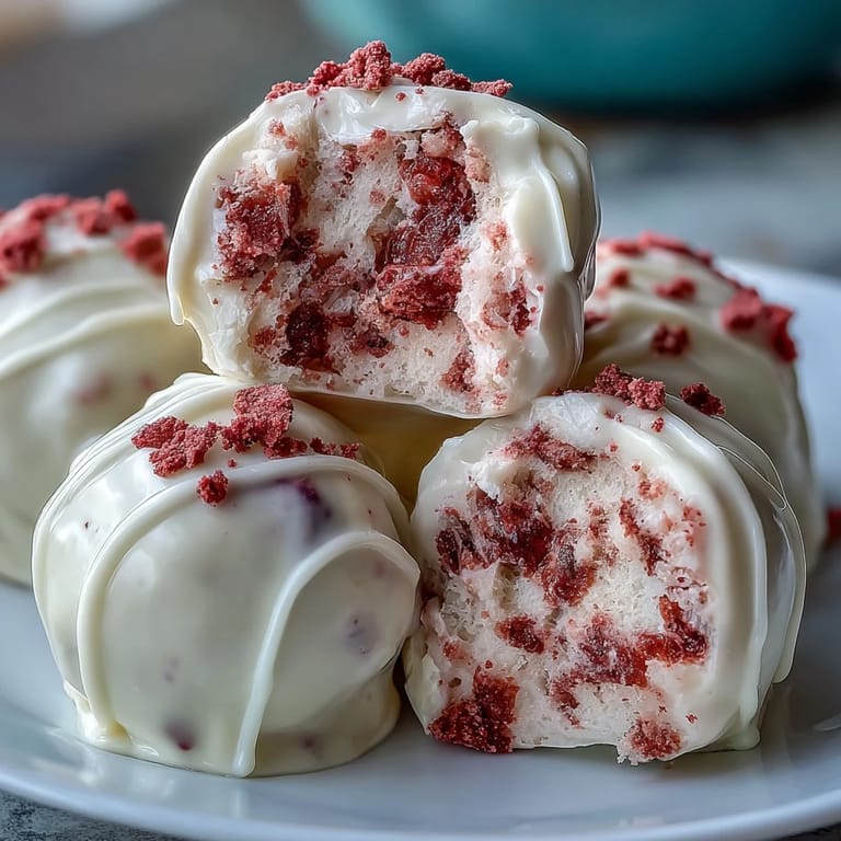 Creamy strawberry-infused truffles enrobed in rich white chocolate, perfect for Valentine's Day indulgence or gifting.