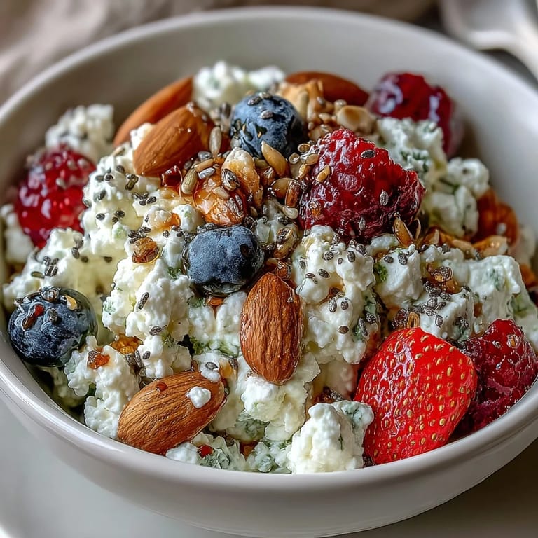 A vibrant cottage cheese bowl layered with juicy berries, chia, flax, and pumpkin seeds for a satisfying and healthy start.