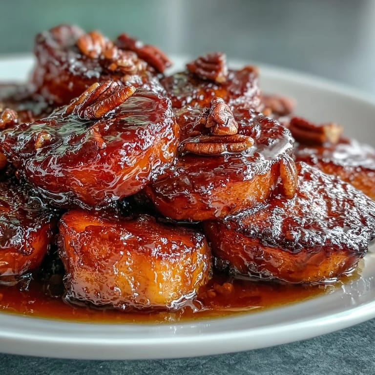 Golden-brown candied yams with bourbon, brown sugar, and maple syrup, perfect for holiday tables.