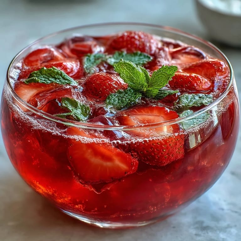 Refreshing Galentines Pink Lemonade Strawberry Punch served in a punch bowl with mint garnish and ice cubes for a festive vibe.
